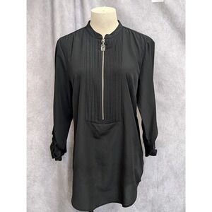Michael Kors Womens Black Pintuck Zip Front Tunic Blouse Top Size M